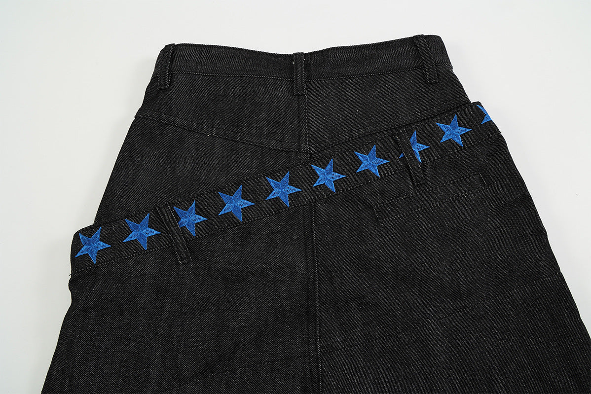 Wide Leg Jeans with Star Embroidery & Diagonal Waistband — Black Raw Denim