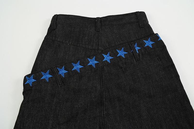 Wide Leg Jeans with Star Embroidery & Diagonal Waistband — Black Raw Denim