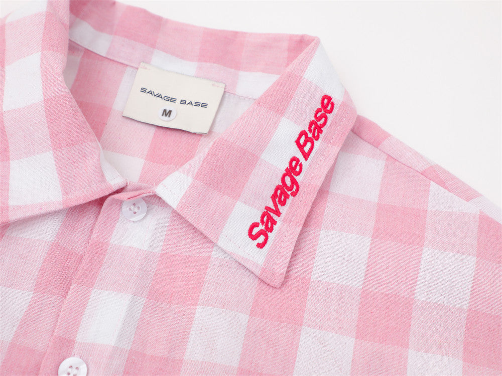 Oversized Gingham Check Short Sleeve Shirt with Embroidered Script Logo
