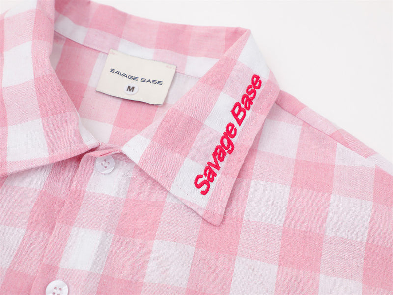 Oversized Gingham Check Short Sleeve Shirt with Embroidered Script Logo
