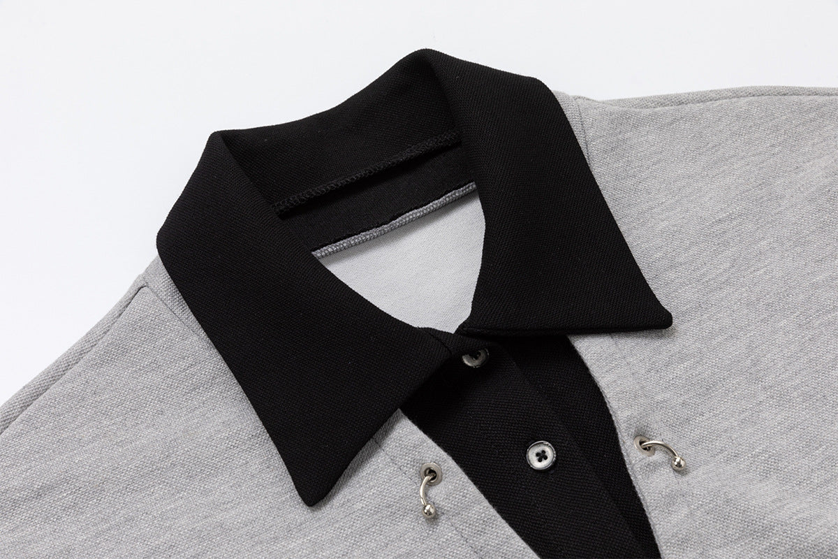 Faux Two-Piece Polo Sweatshirt with Striped Sleeves and Letter Print — Grey