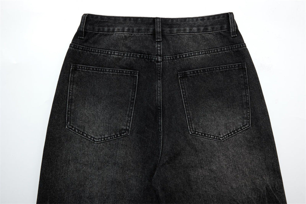 Men's Relaxed Fit Jeans – Washed Black Straight-Leg Rhinestone Star Denim