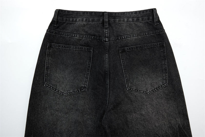 Men's Relaxed Fit Jeans – Washed Black Straight-Leg Rhinestone Star Denim