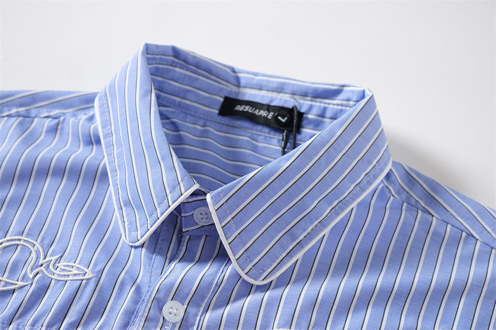 Men's Striped Long Sleeve Shirt – Oversized Western Embroidery & Dual Chest