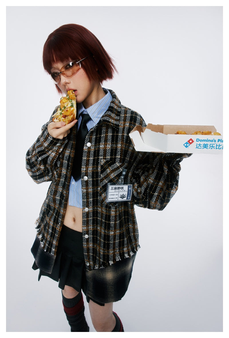 Vintage Plaid Patchwork Fringe Jacket – Oversized Unisex Overshirt