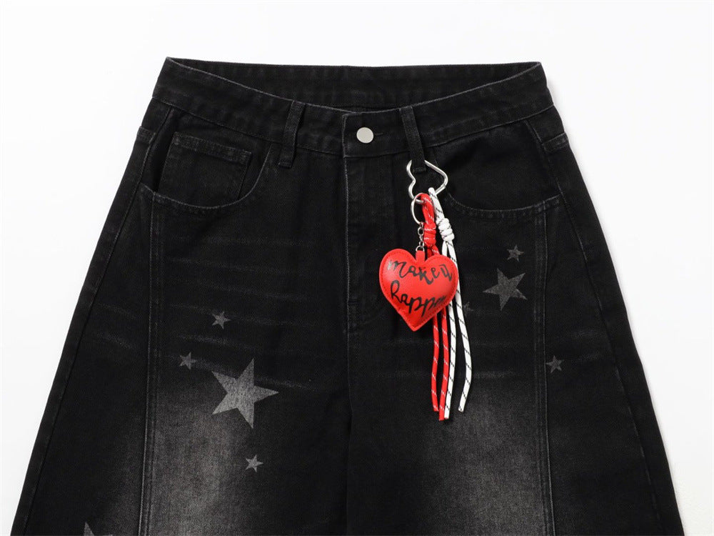 Star Print Wide-Leg Jeans – Men's Baggy Black Denim with Heart Charm