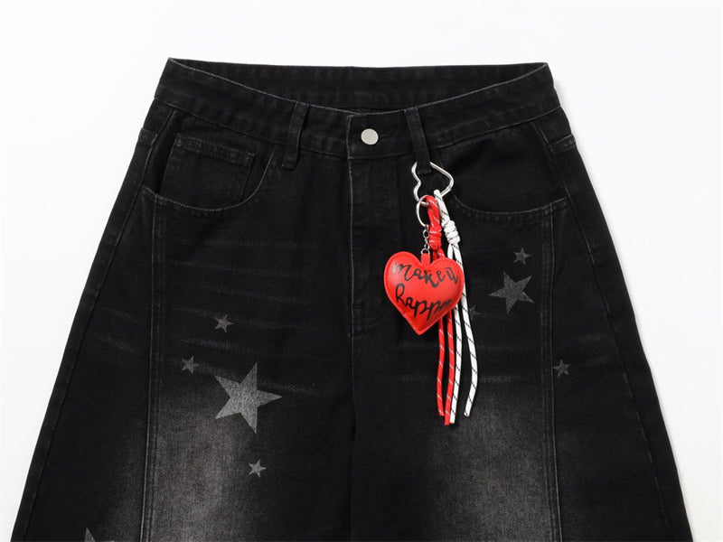 Star Print Wide-Leg Jeans – Men's Baggy Black Denim with Heart Charm