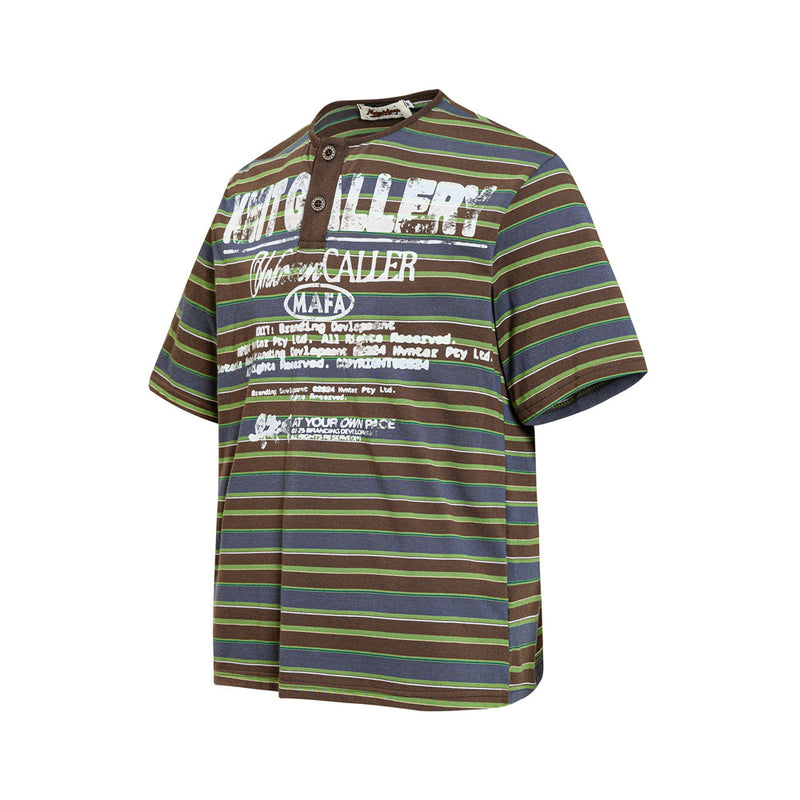 American Vintage Striped Henley Graphic T-Shirt – Oversized Short Sleeve