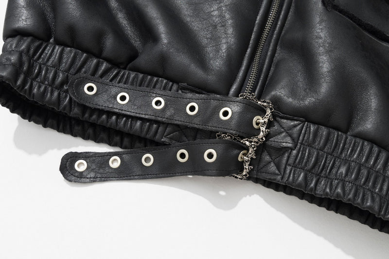 Leather Jacket with Fur Collar – Black Bomber Moto Jacket with Cargo Pockets &