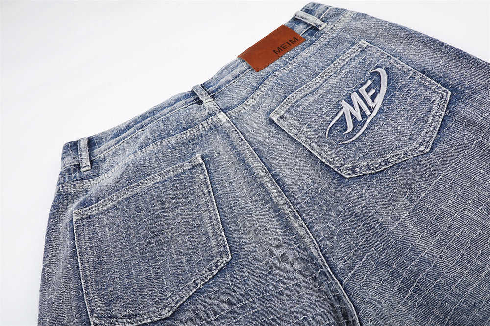 Men's Wide-Leg Denim Shorts – Relaxed Fit Jacquard Textured Jean Shorts