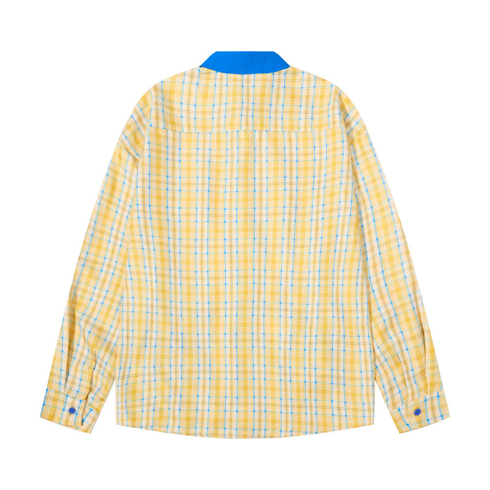 Back view of yellow plaid long sleeve shirt with bright blue contrast collar