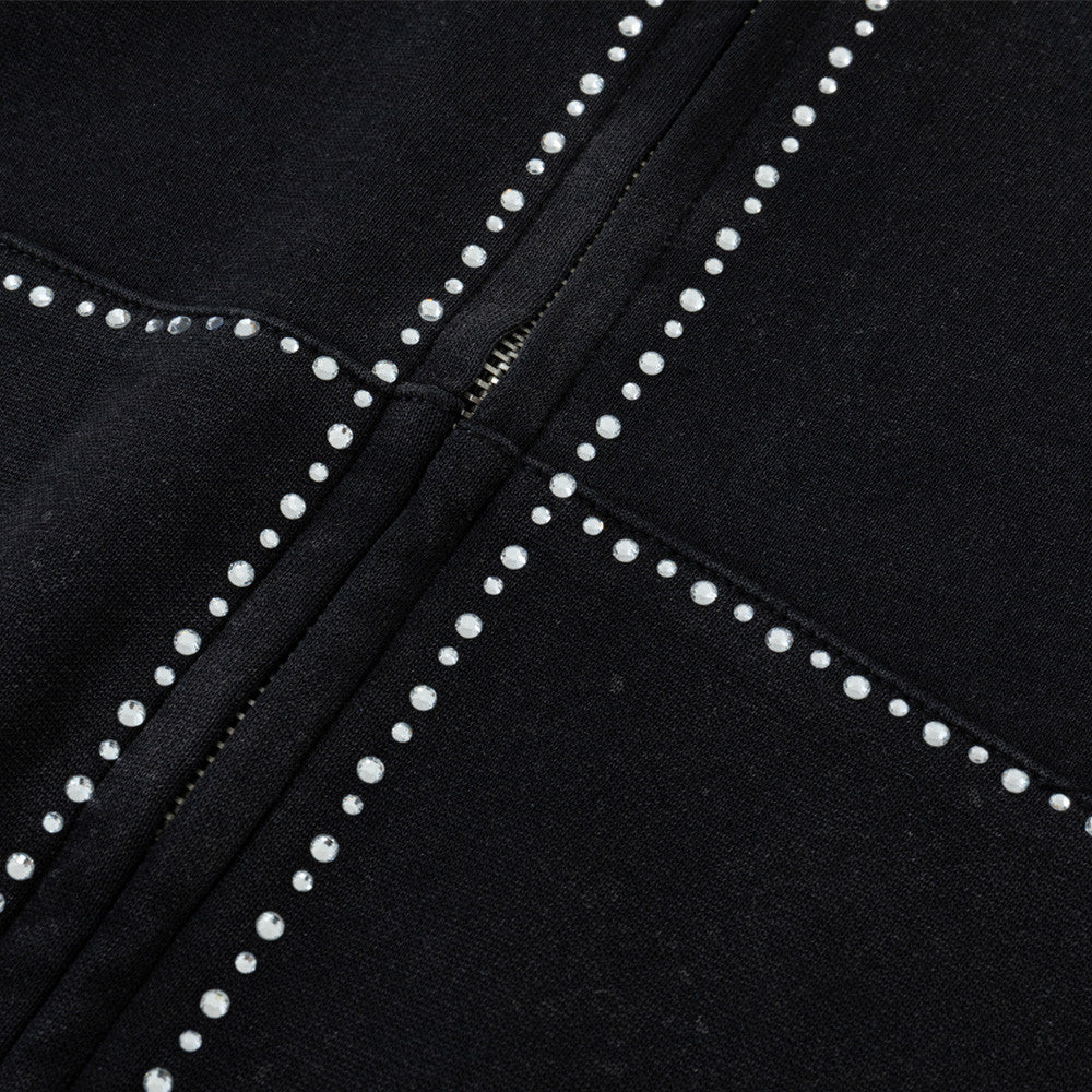 Hoodie zippé avec bordure en strass et double zip — Streetwear délavé