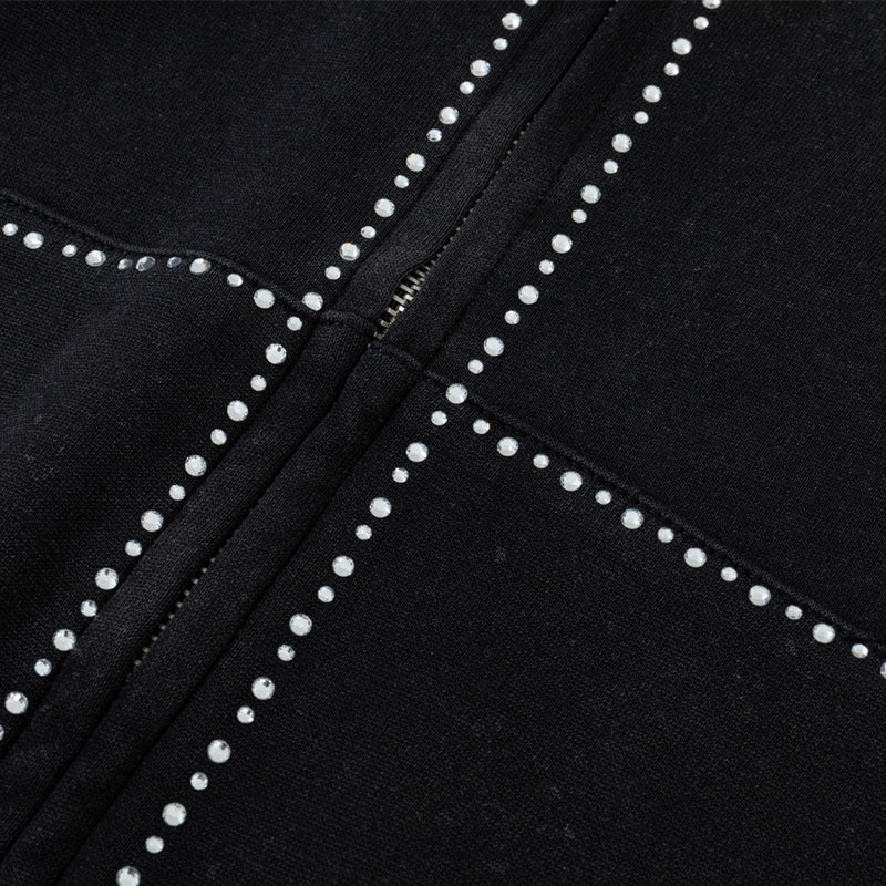Hoodie zippé avec bordure en strass et double zip — Streetwear délavé