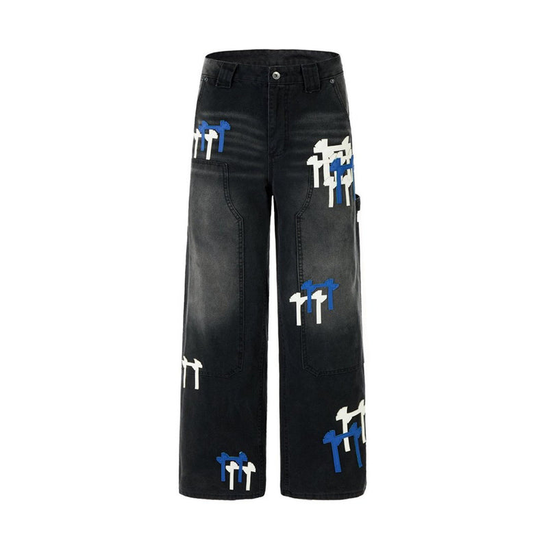 Black Washed Wide-Leg Cargo Jeans with Cross Embroidery Patches