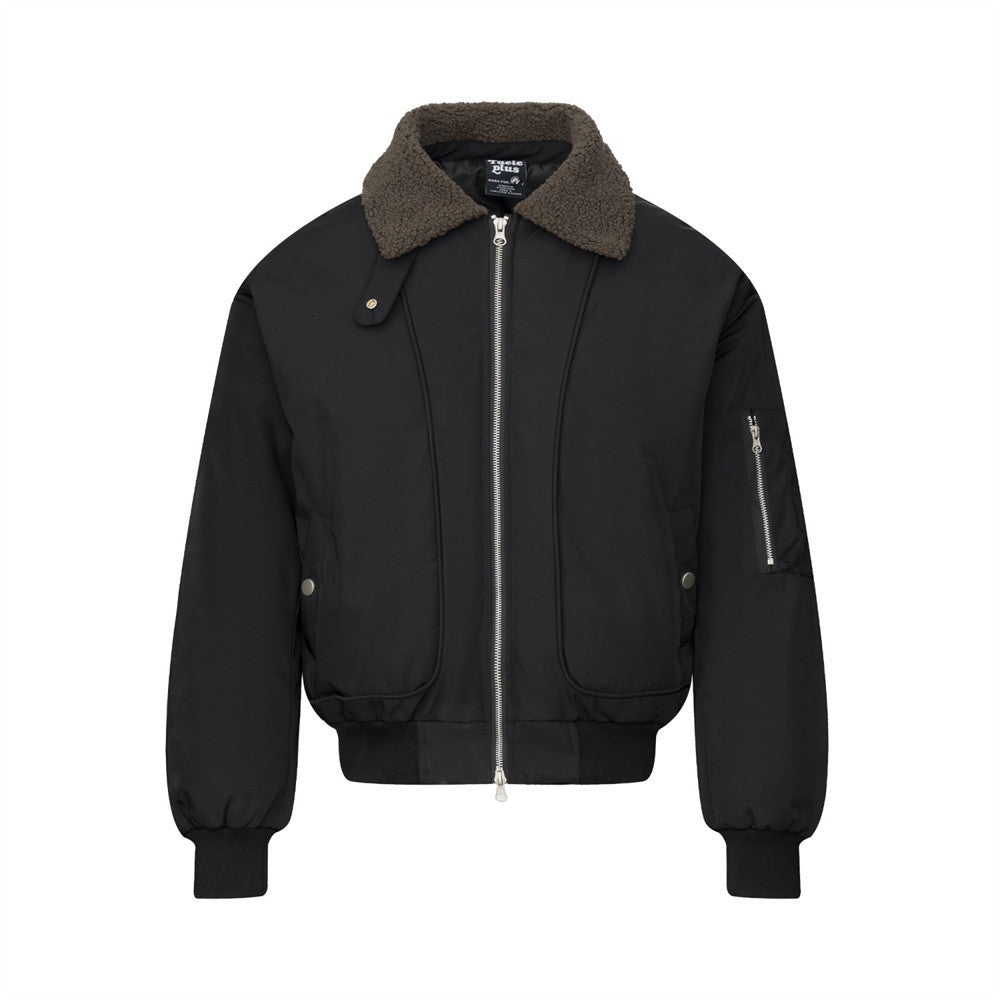 Men's olive green padded bomber jacket with sherpa fleece collar and silver zip, front view