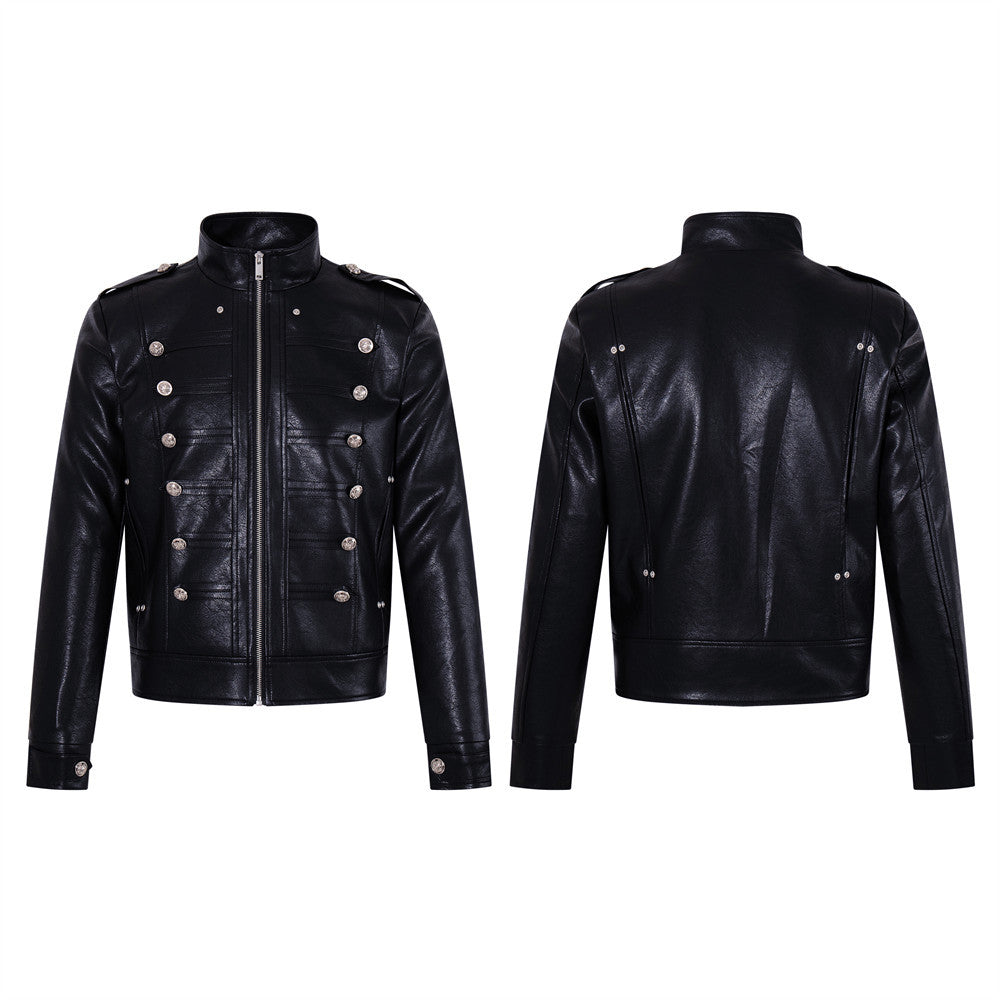 Veste militaire noire pour homme en similicuir PU avec double rangée de boutons argentés