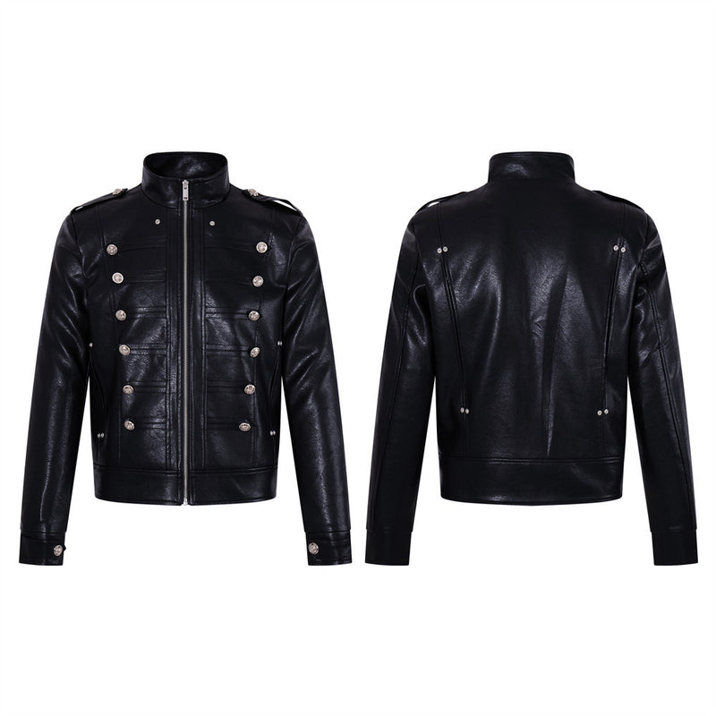 Veste militaire noire pour homme en similicuir PU avec double rangée de boutons argentés