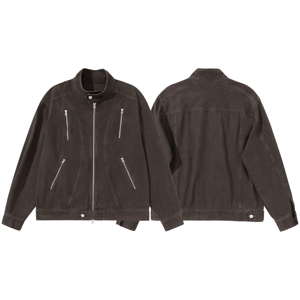 Men's Stand Collar Denim Jacket with Multi-Zip Pockets – Relaxed Fit Workwear