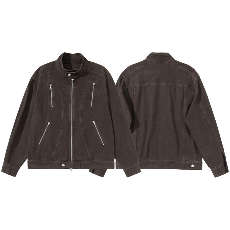 Men's Stand Collar Denim Jacket with Multi-Zip Pockets – Relaxed Fit Workwear