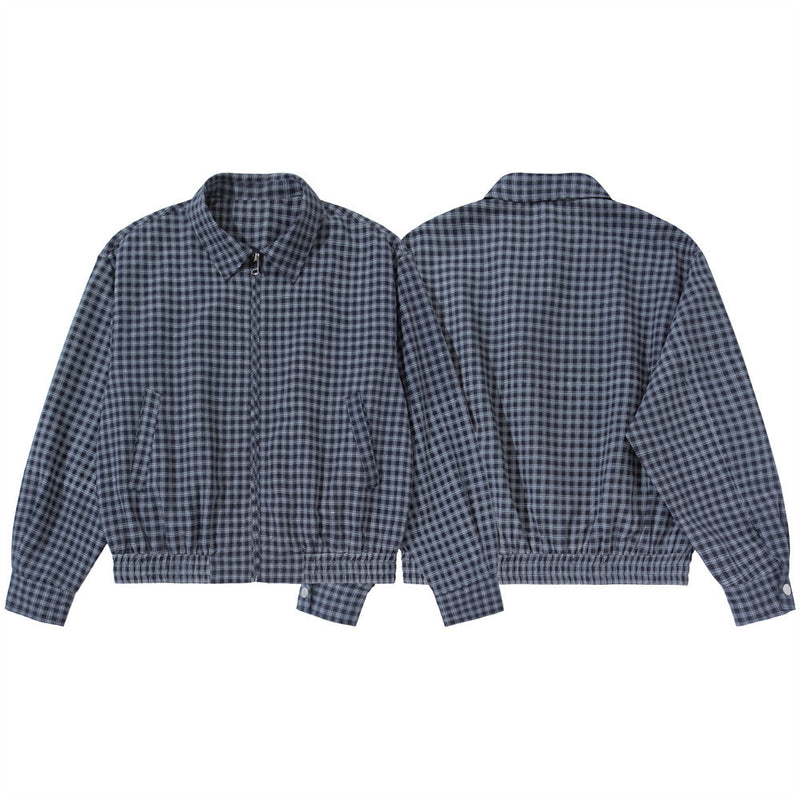 Plaid Zip-Up Harrington Jacket – Relaxed Fit Navy Check