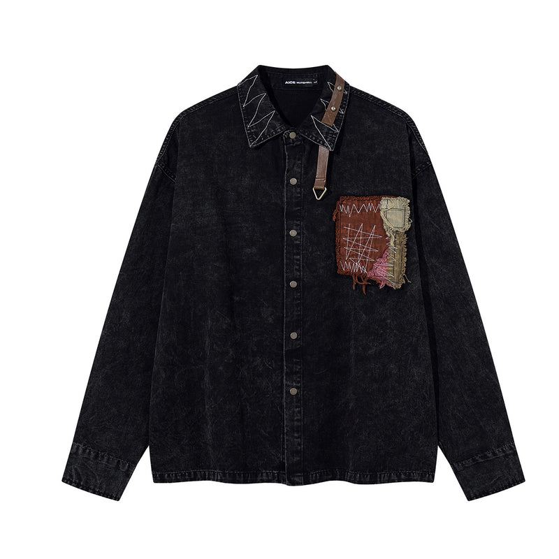 Washed Denim Shirt Jacket with Patchwork Pocket & Embroidered Collar