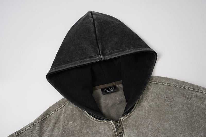 Chaqueta bomber con capucha y lavado ácido en dos tonos – Efecto falso conjunto oversize