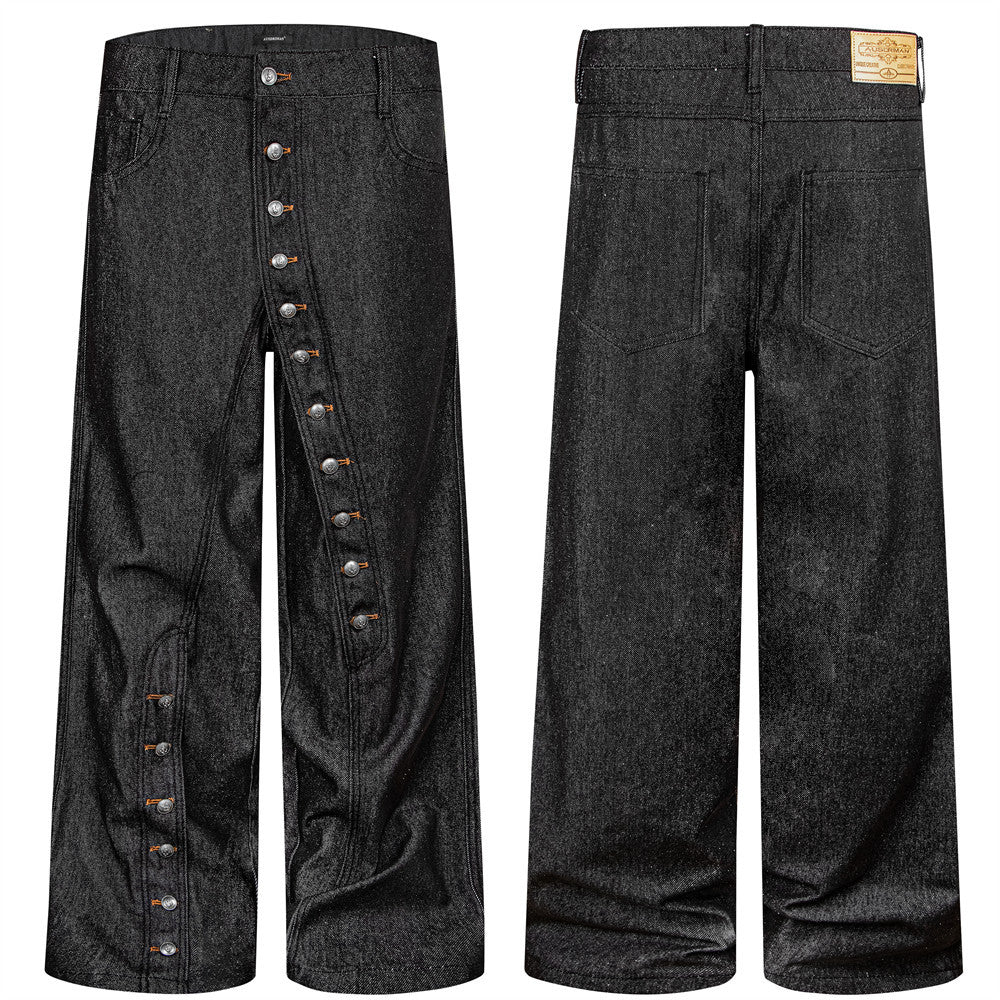 Men's Black Baggy Wide-Leg Jeans with Diagonal Button Fly
