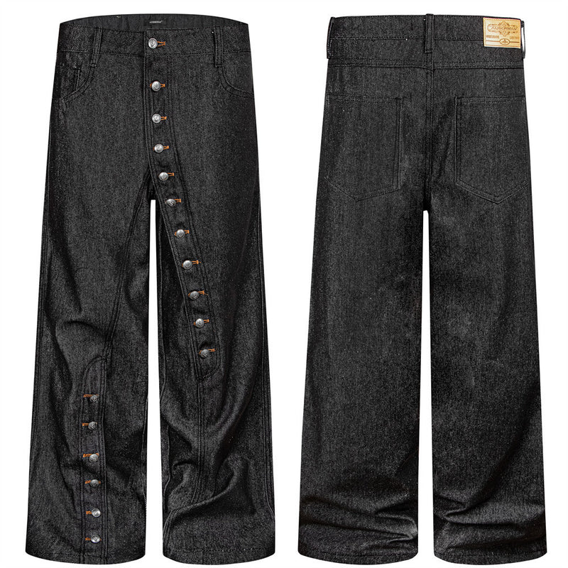 Men's Black Baggy Wide-Leg Jeans with Diagonal Button Fly