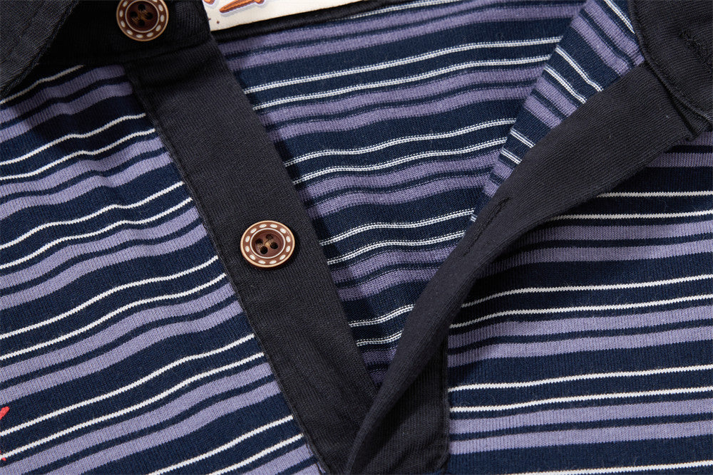 Herren-Poloshirt in Navyblau, Langarm – Vintage-Streifen, verwaschen und Relaxed Fit