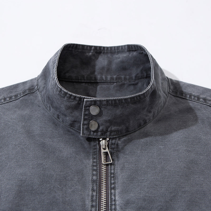 Washed Cargo Bomber Jacket – Men's Stand Collar Multi-Pocket Workwear Jacket
