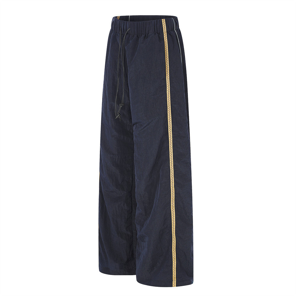 Wide-Leg Track Pants with Gold Side Stripe and Drawstring Waist