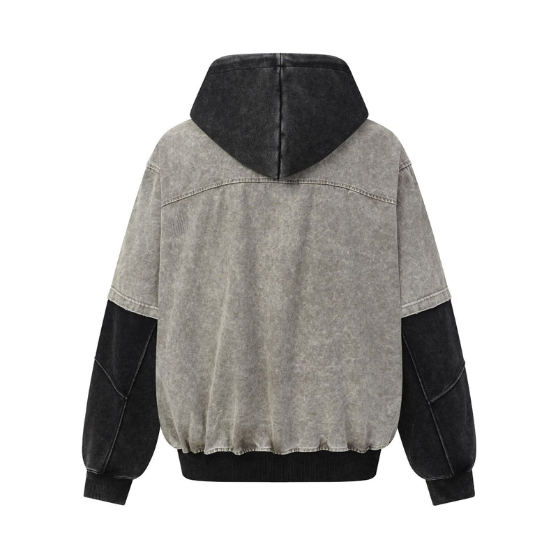 Chaqueta bomber con capucha y lavado ácido en dos tonos – Efecto falso conjunto oversize