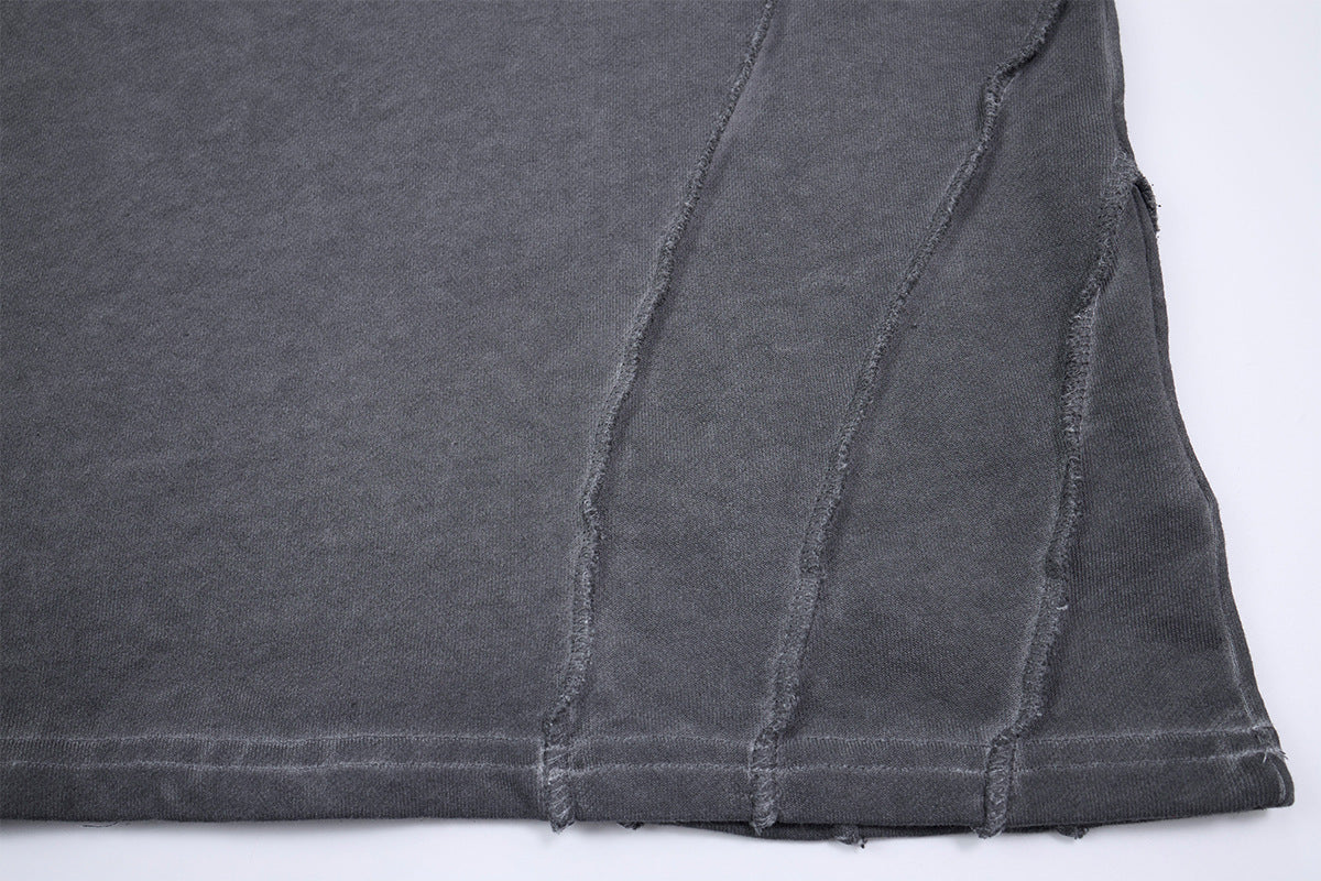 Verwaschenes Vintage-Sweatshirt mit geprägtem Drachen, Langarm – Raw-Edge-Moto-Crewneck