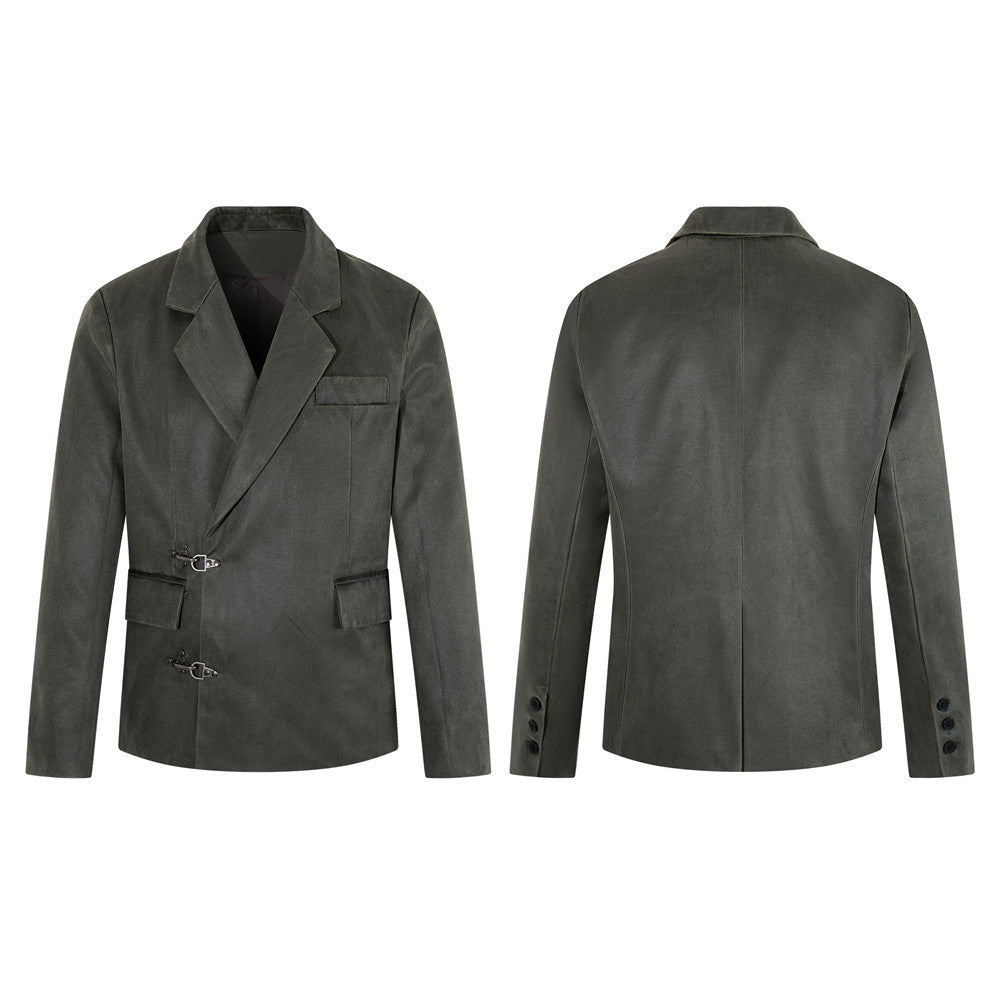 Blazer homme gris-vert chic décontracté avec fermetures à boucles métalliques et revers cranté, vue de face et de dos