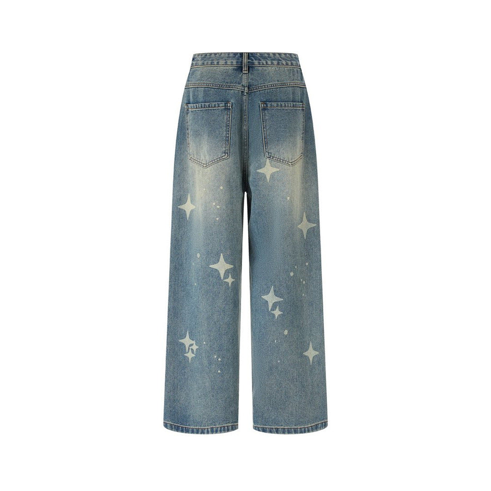 Jeans Star Print Baggy Wide-Leg Men – Washed Light Blue Straight Trousers