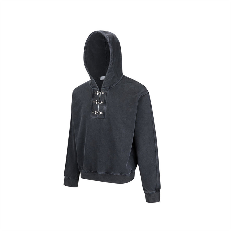 Men's Metal Clasp Pullover Hoodie – Oversized Washed Fleece Sweatshirt