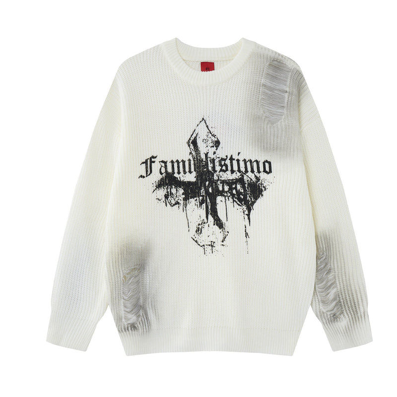 Distressed Crew Neck Sweater with Gothic Cross Print – Streetwear Knit