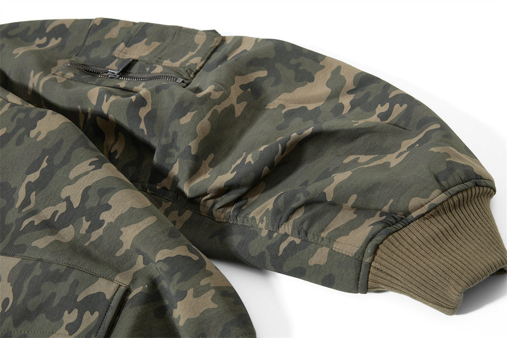 Blouson bomber homme camouflage à capuche, fermeture zippée et manches plissées