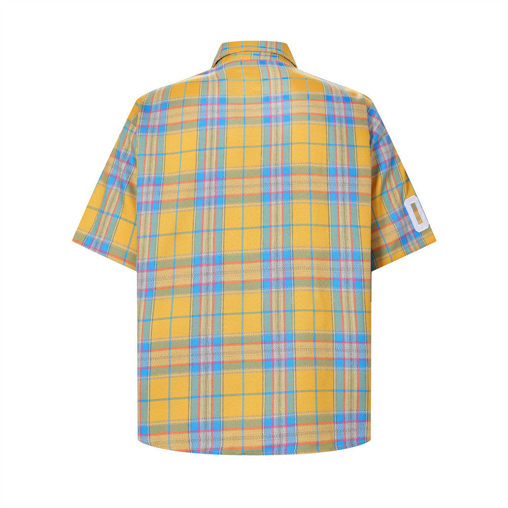 Plaid Short-Sleeve Shirt with Pegasus Embroidery & Studded Lettering