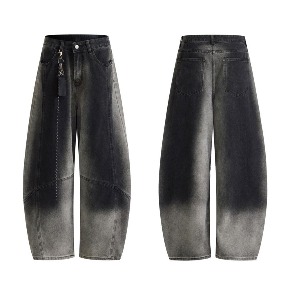 Wide-Leg Gradient Washed Jeans – Deconstructed Curved Seam Baggy Denim