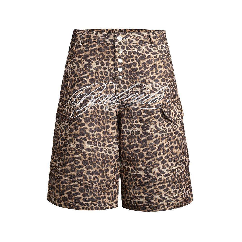 Men's baggy leopard print cargo shorts with metal snap buttons and multiple cargo pockets, front and back view