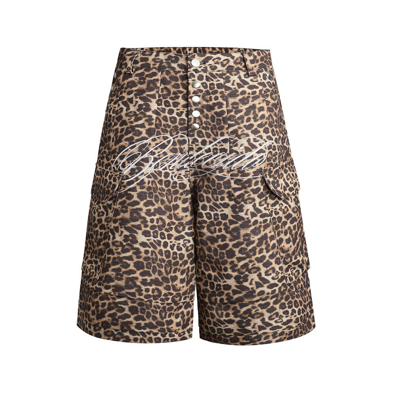 Men's baggy leopard print cargo shorts with metal snap buttons and multiple cargo pockets, front and back view