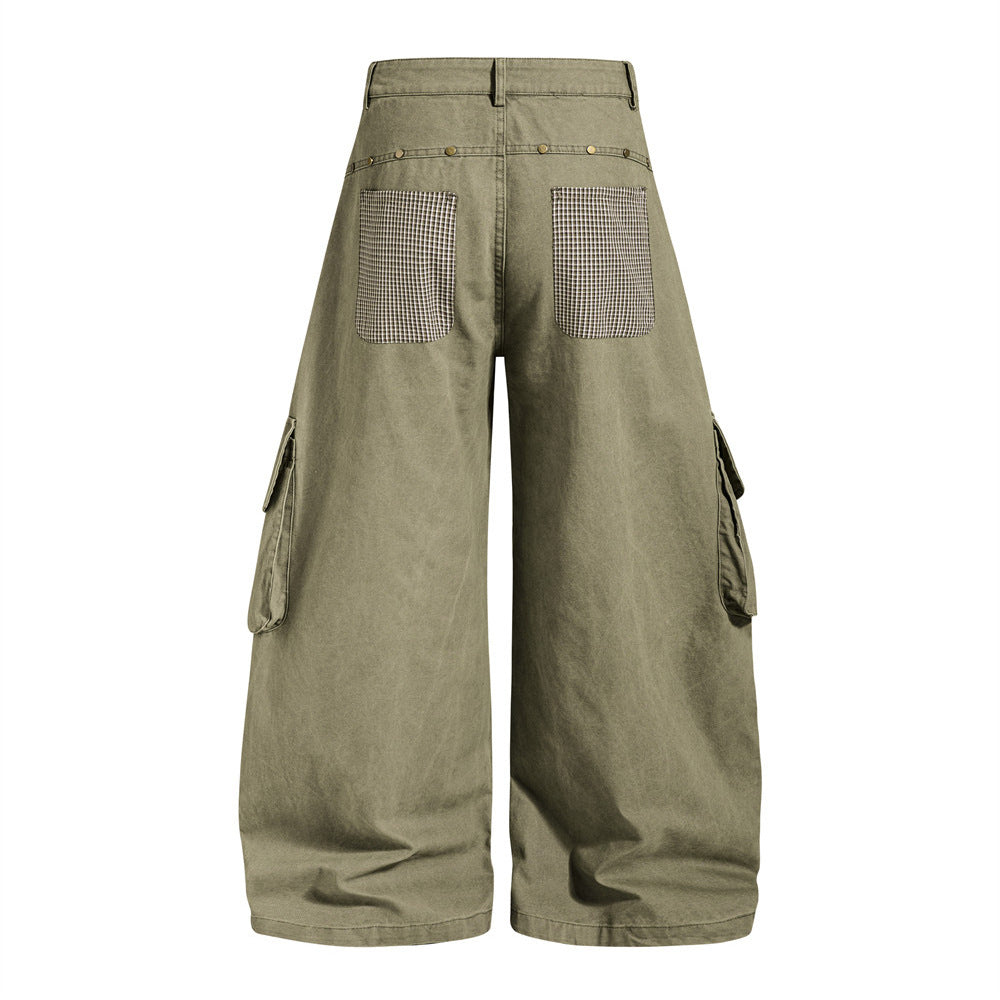 Wide-Leg Cargo Pants – Star Patch, Plaid Detail & Multi-Pocket Baggy Fit