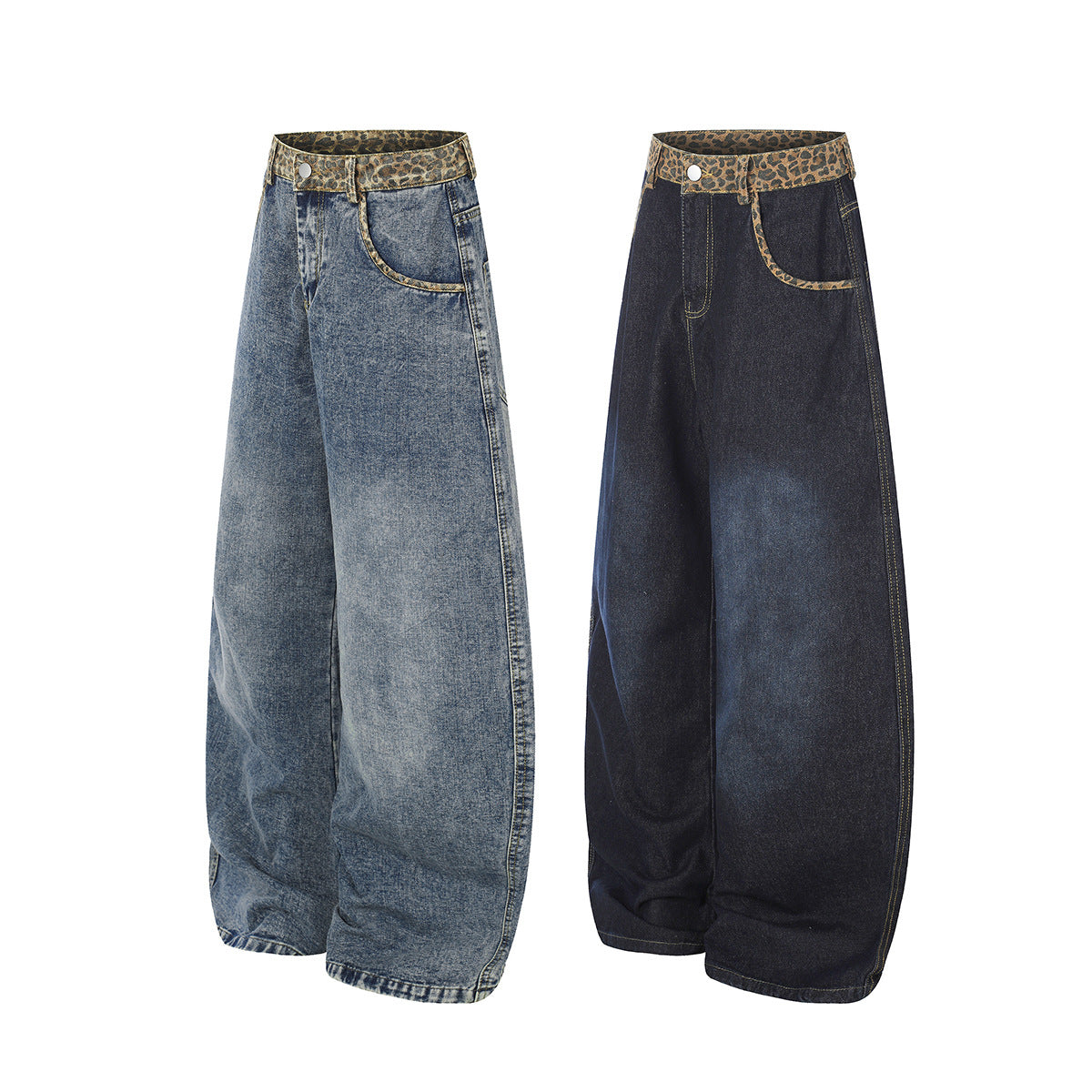 Vaqueros baggy de pierna ancha con cinturilla de leopardo – Corte recto tipo barril