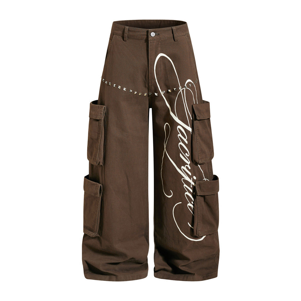 Men's Black Cargo Pants Wide-Leg Script Print with Rivet Detail