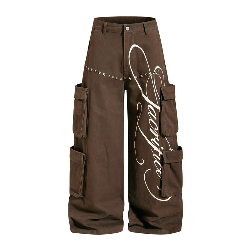 Men's Black Cargo Pants Wide-Leg Script Print with Rivet Detail