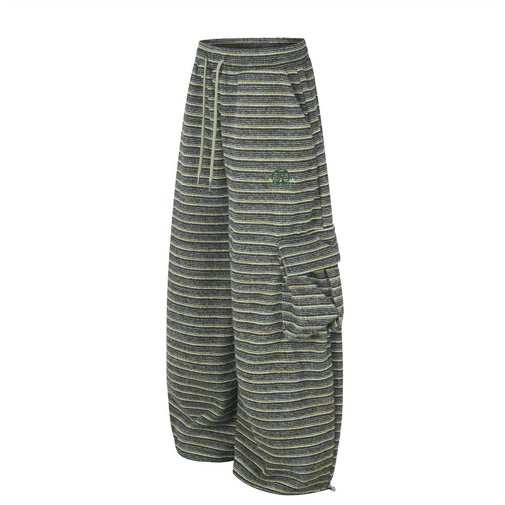 Wide-Leg Striped Cargo Pants – Relaxed Fit Multi-Pocket Streetwear Trousers