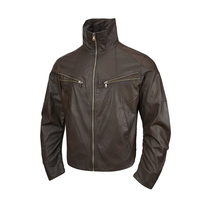 Veste moto en simili cuir – Col montant, poches zippées déconstruites, style biker rétro
