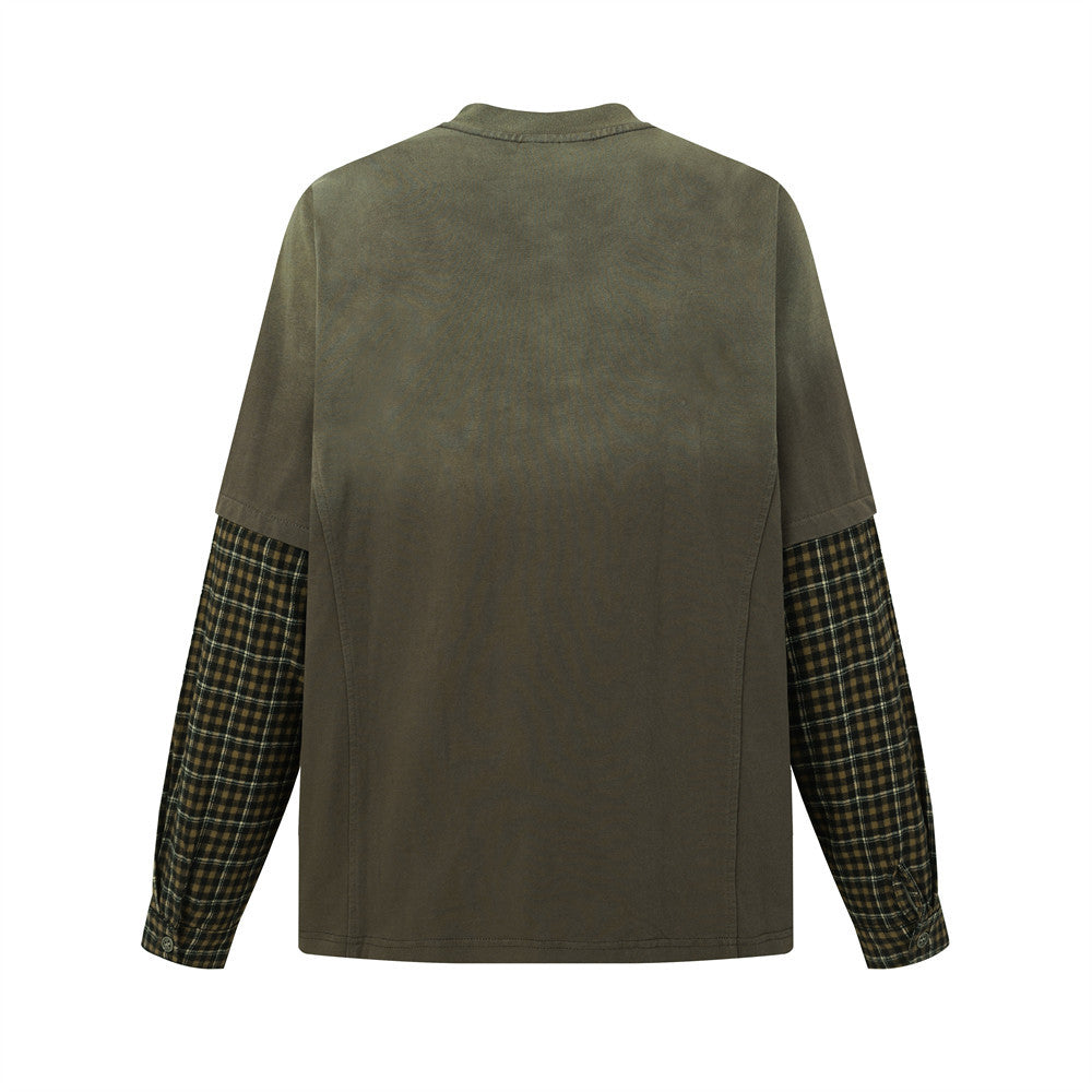 Chemise Henley manches longues patchwork à carreaux pour homme – Délavée et usée, façon