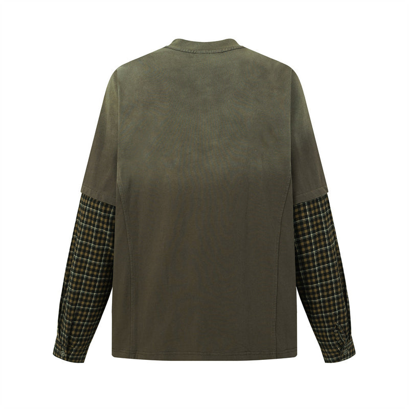 Chemise Henley manches longues patchwork à carreaux pour homme – Délavée et usée, façon